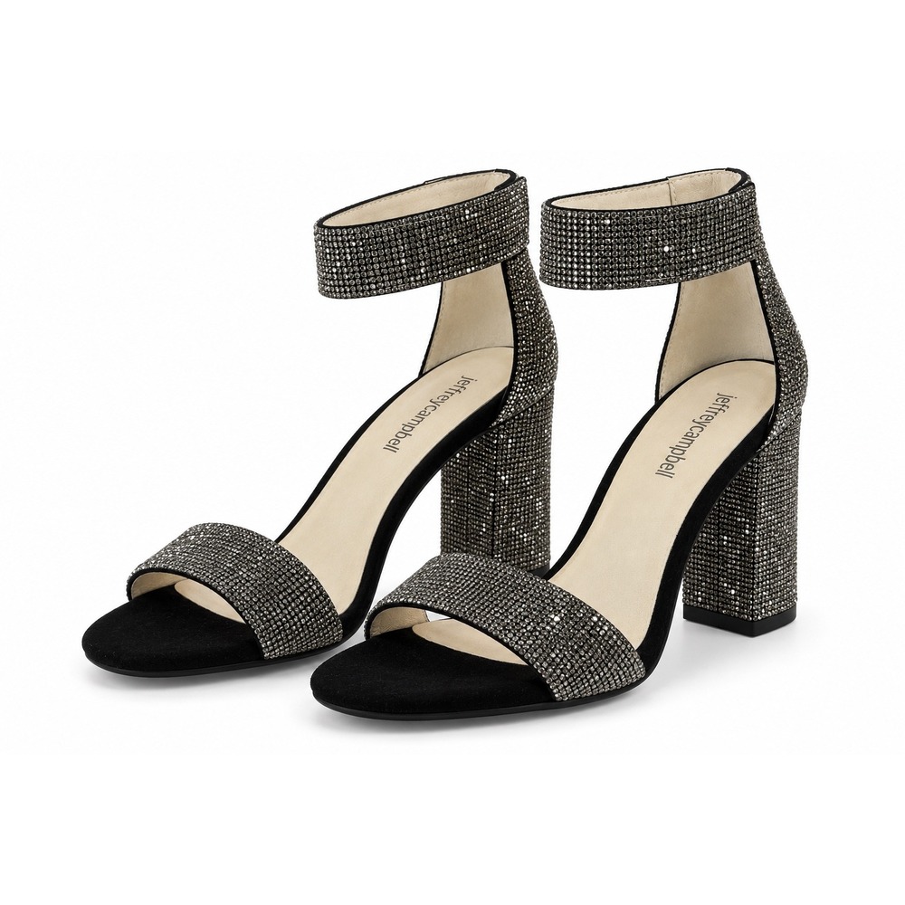 Jeffrey Campbell Lindsay Block Heel Sandals Gunmetal Rhinestone Ankle Strap 8